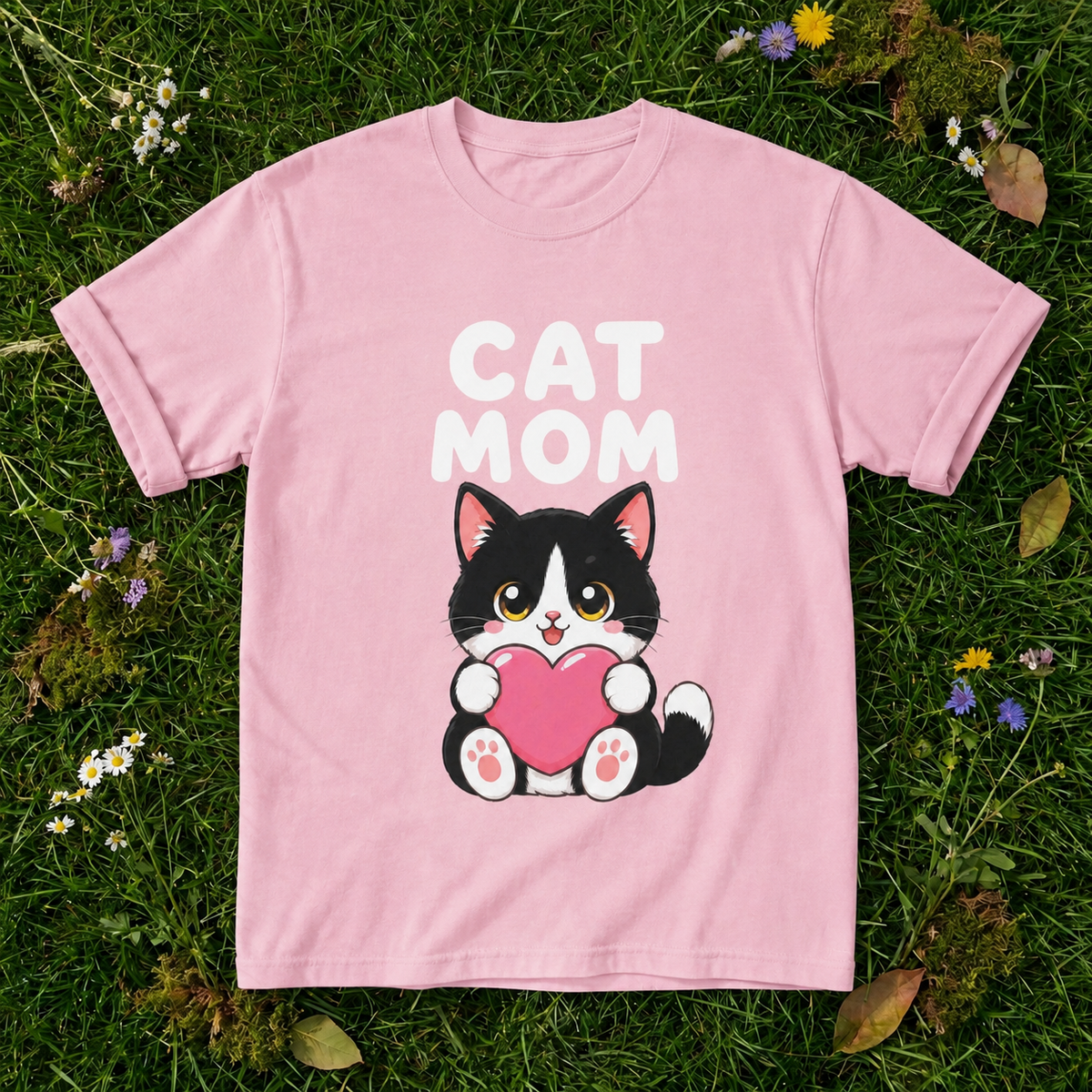 Cat Mom — Cute Tuxedo Cat Tee in Blossom on grass