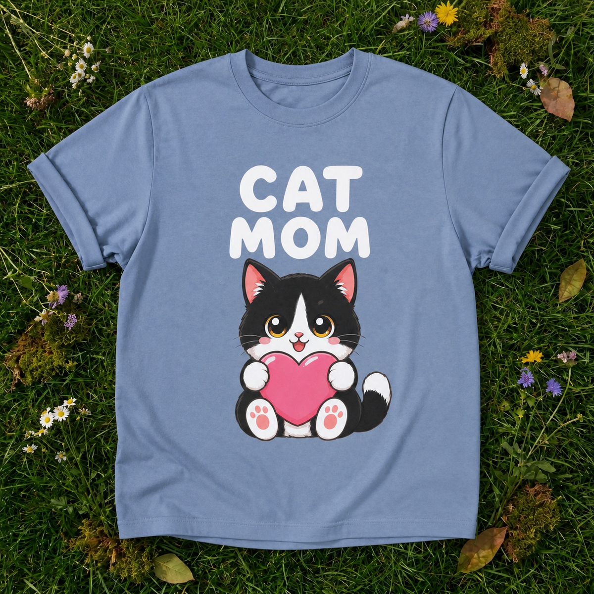 Cat Mom — Cute Tuxedo Cat Tee in Blue Jean on grass
