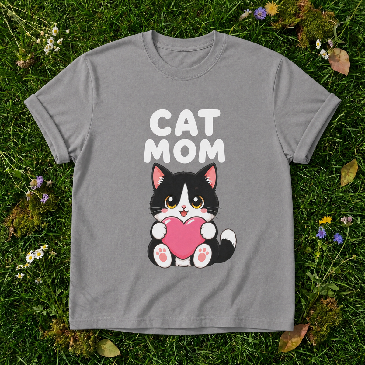 Cat Mom — Cute Tuxedo Cat Tee in Grey on grass