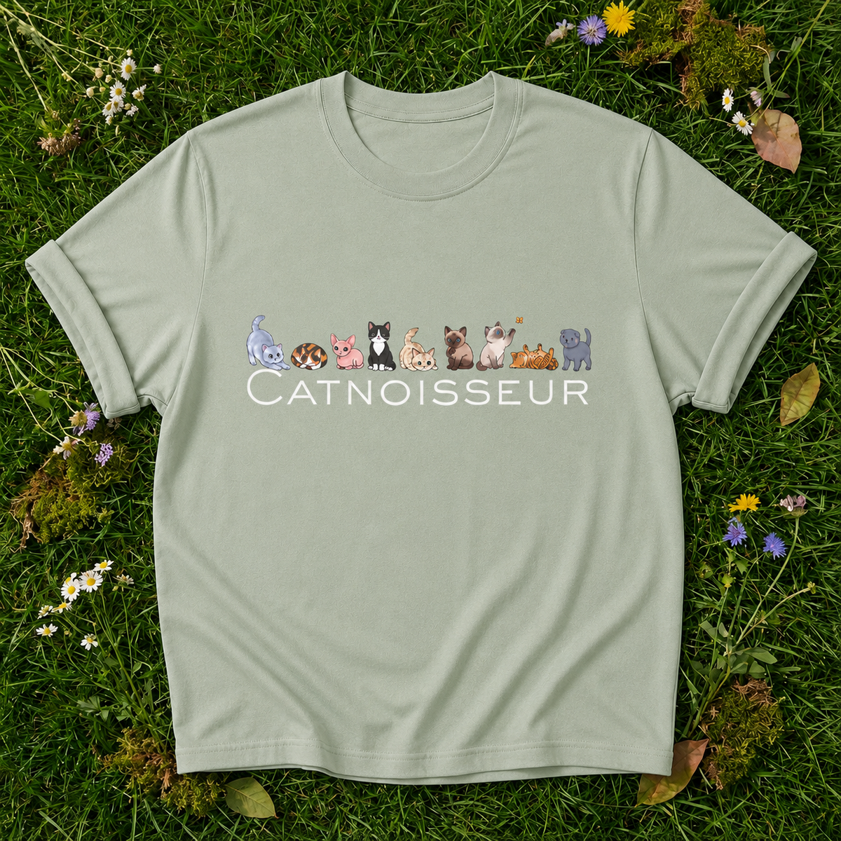 Catnoisseur – Graphic Tee for Cat Lovers in Bay on grass