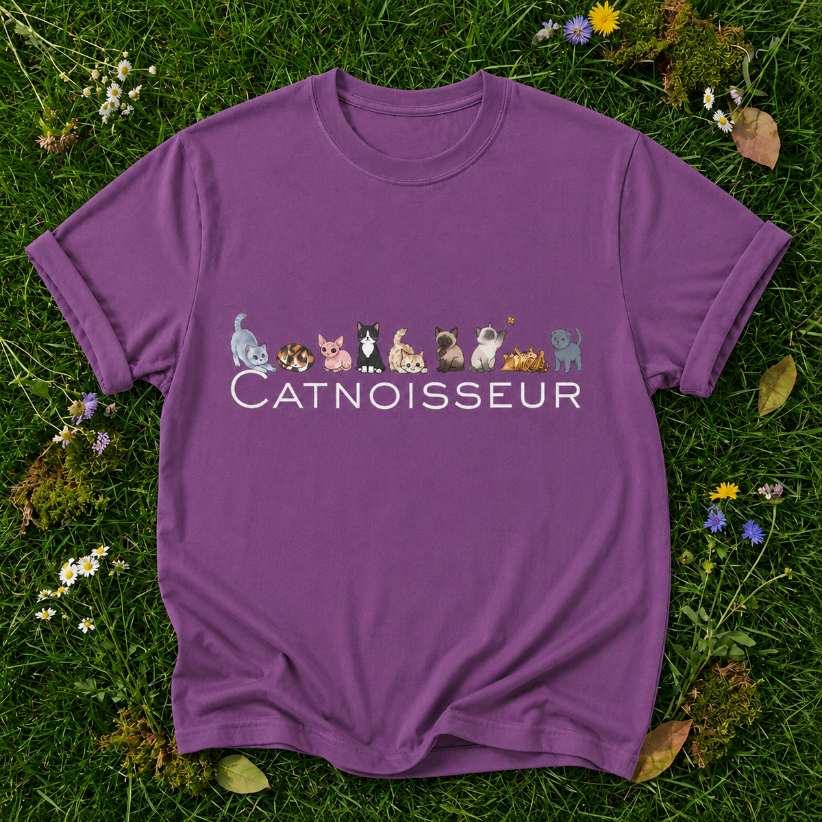 Catnoisseur – Graphic Tee for Cat Lovers in Berry on grass