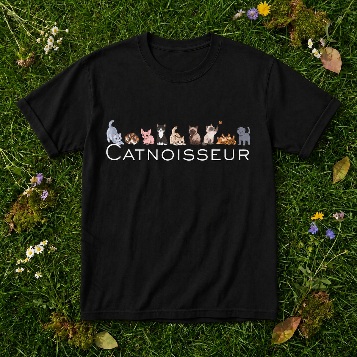 Catnoisseur – Graphic Tee for Cat Lovers in Black on grass