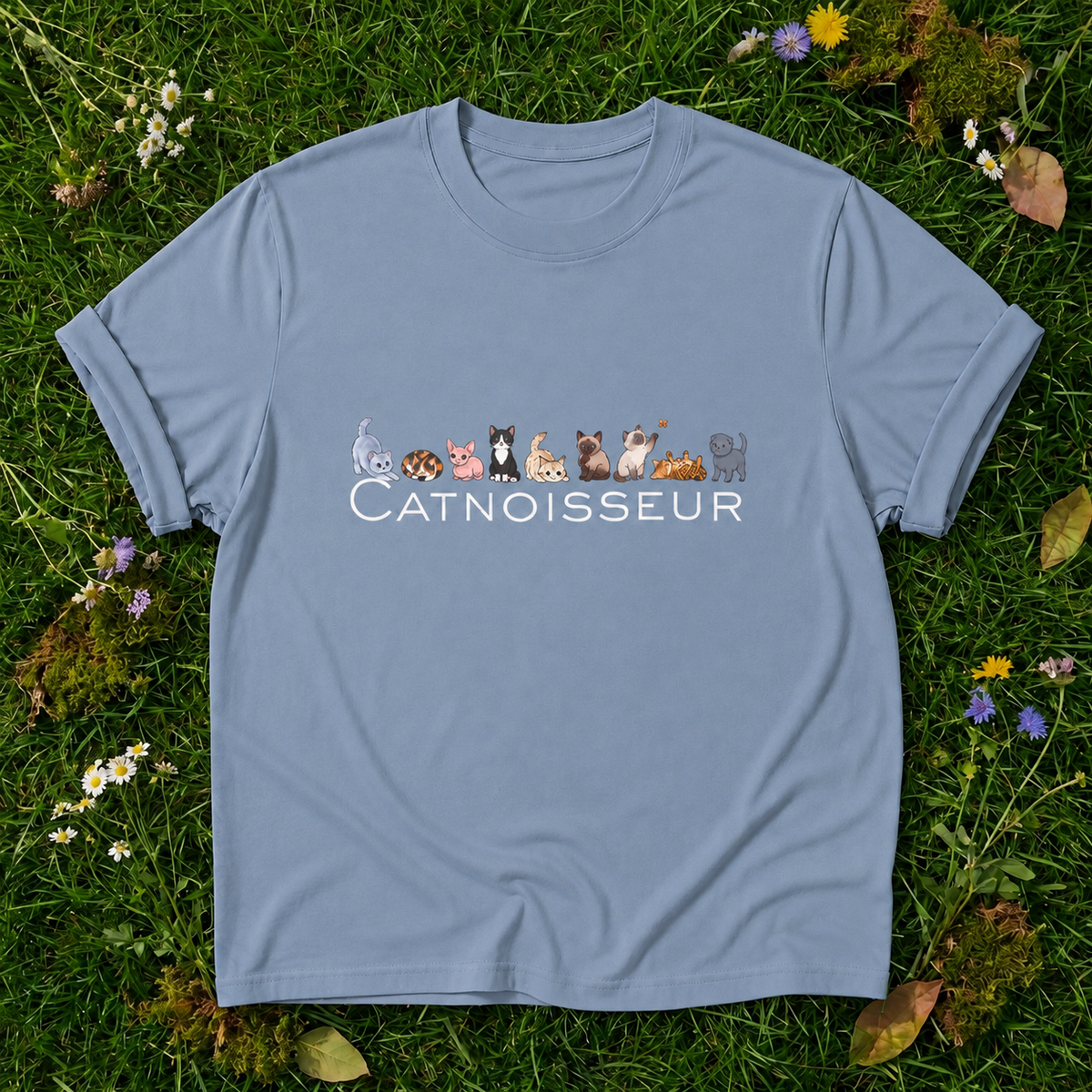 Catnoisseur – Graphic Tee for Cat Lovers in Blue Jean on grass