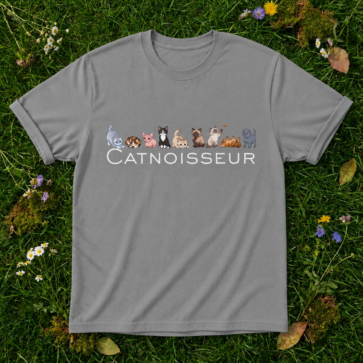 Catnoisseur – Graphic Tee for Cat Lovers in Grey on grass