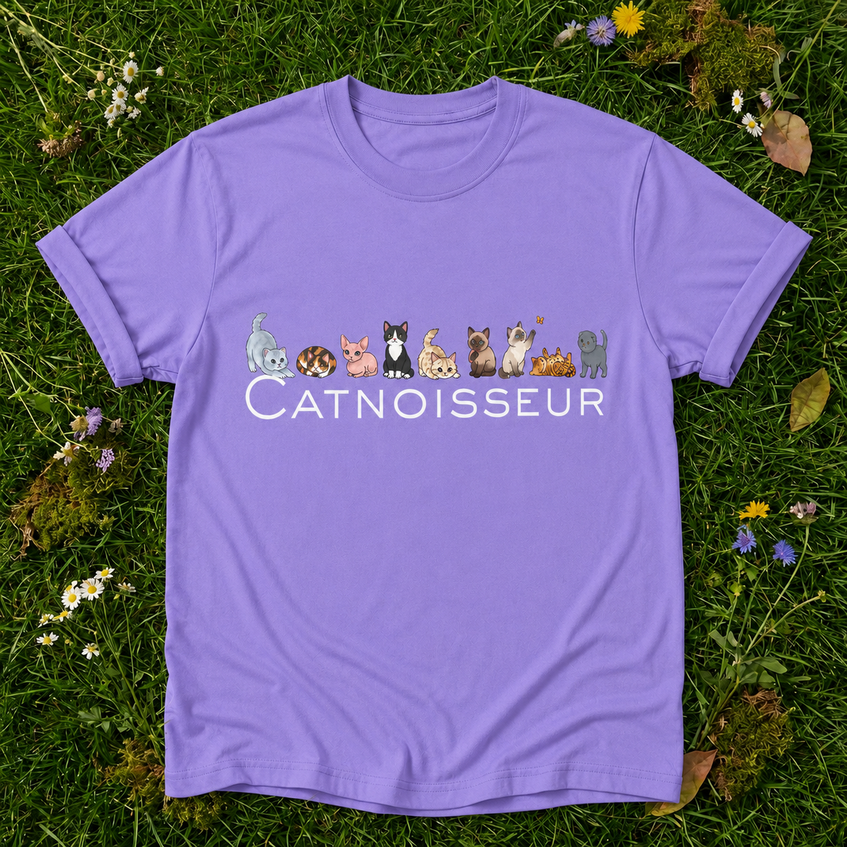 Catnoisseur – Graphic Tee for Cat Lovers in Violet on grass