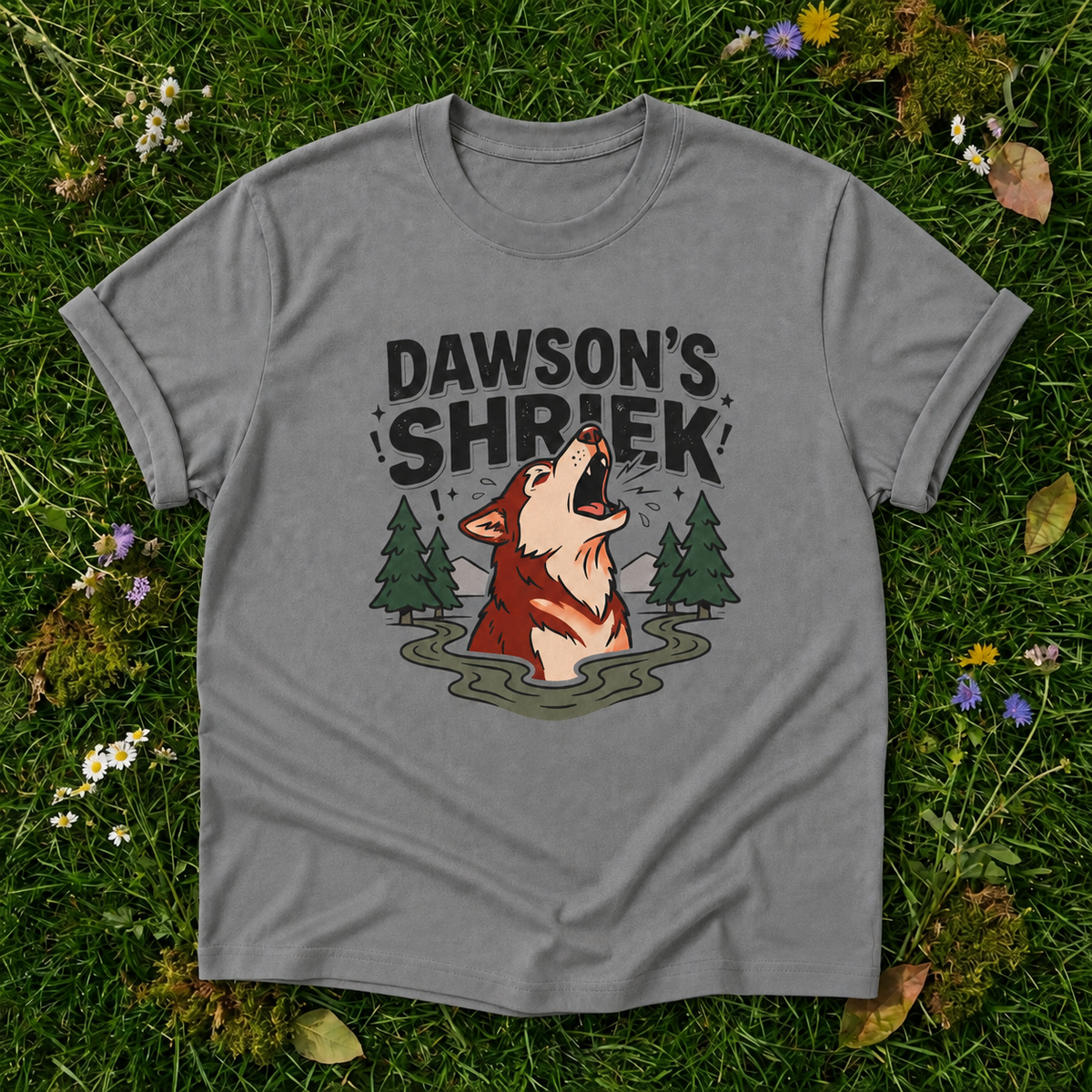 Dawson's Shrek — Dog Howling T-Shirt in Grey on grass