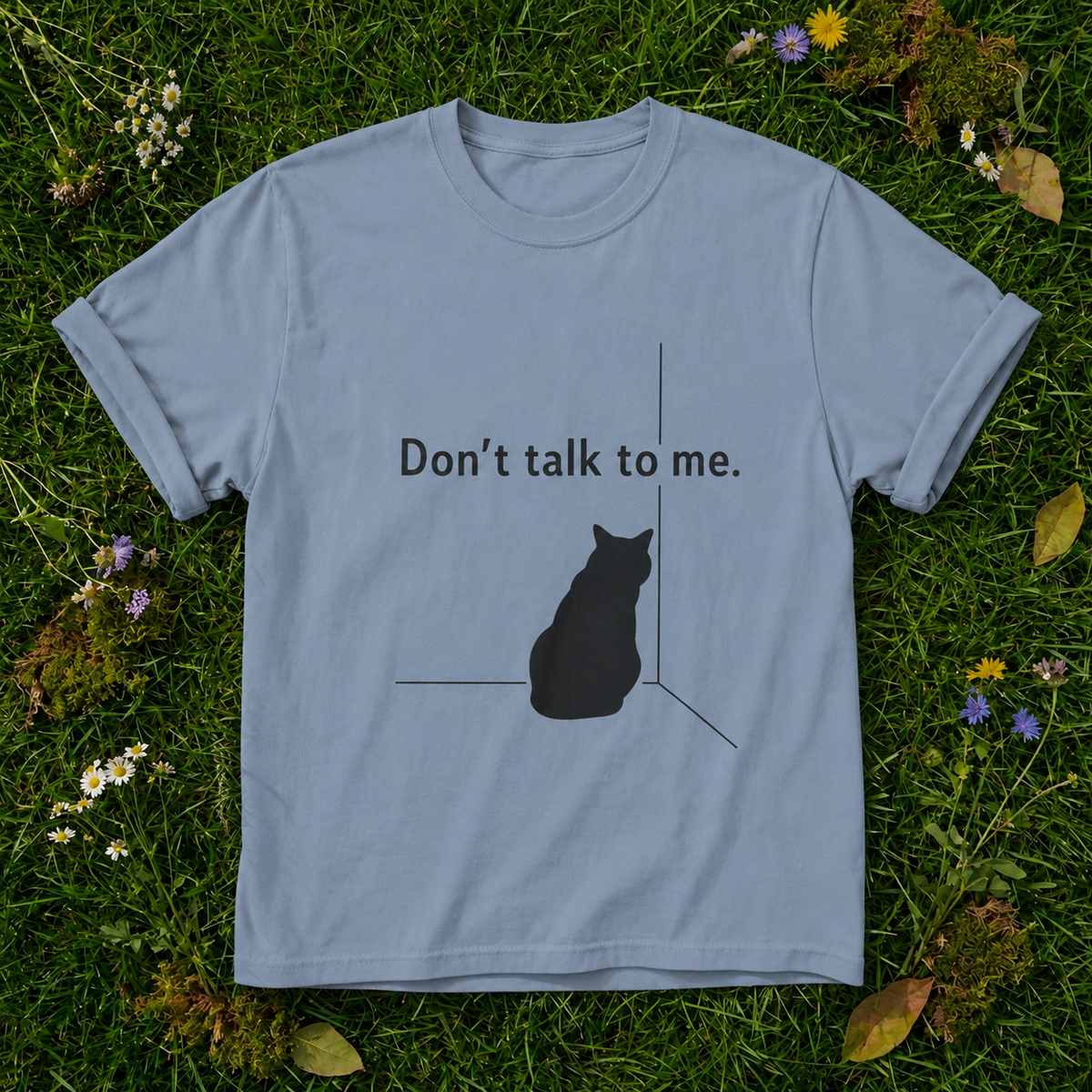 Don't Talk To Me Cat T-Shirt in Blue Jean on grass