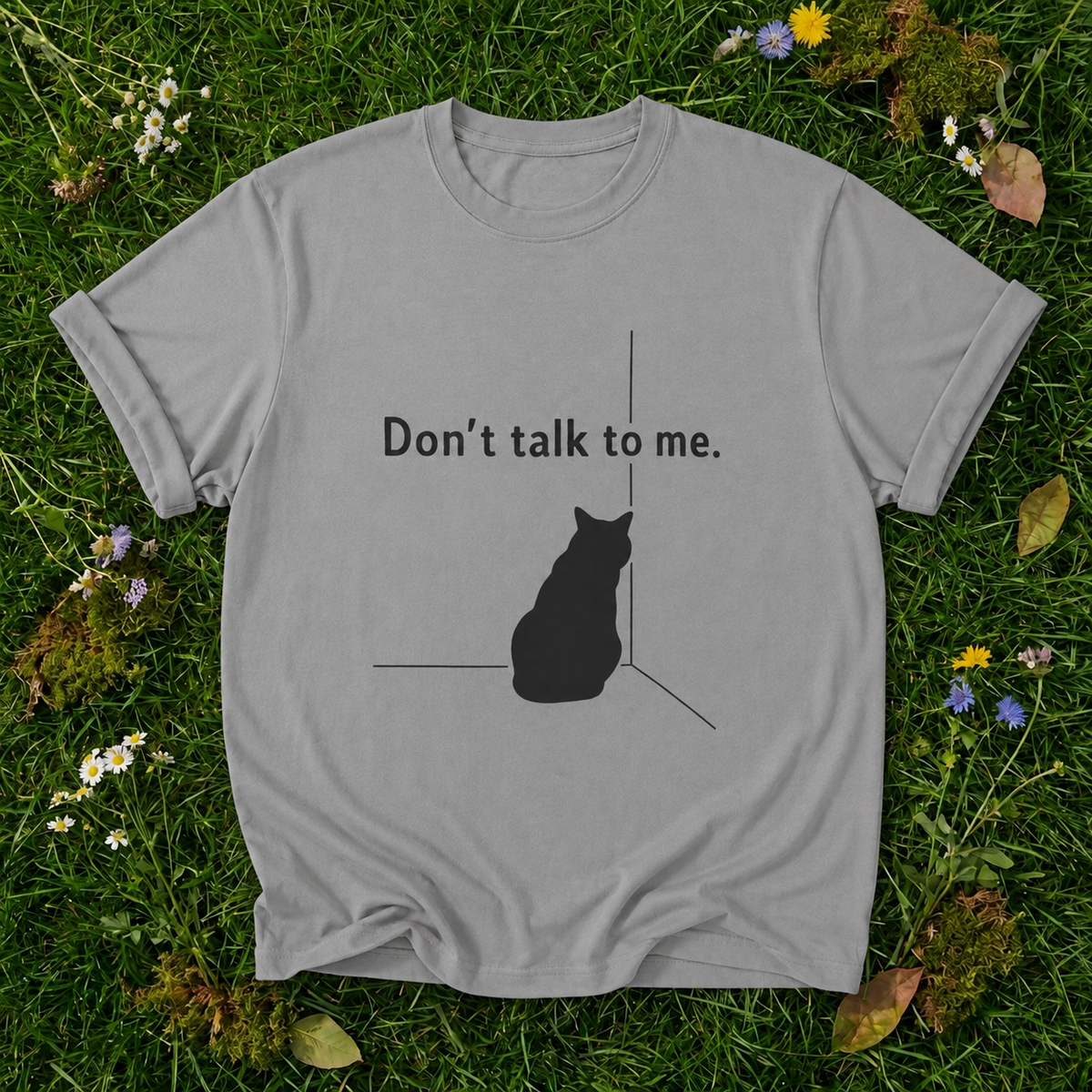 Don't Talk To Me Cat T-Shirt in Grey on grass