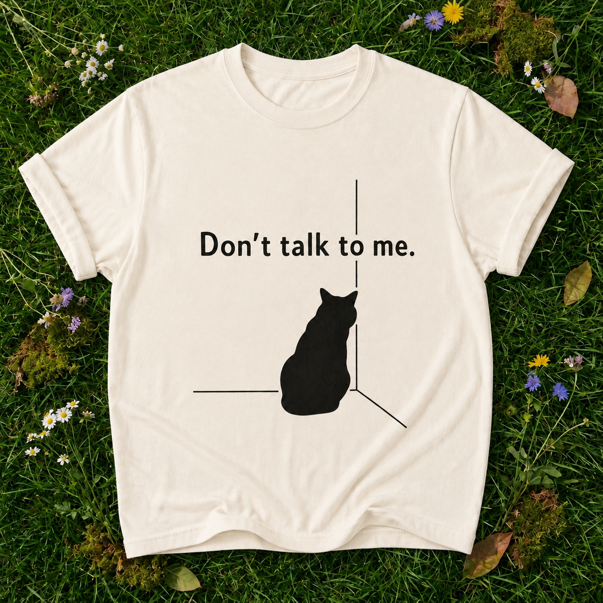 Don't Talk To Me Cat T-Shirt in Ivory on grass