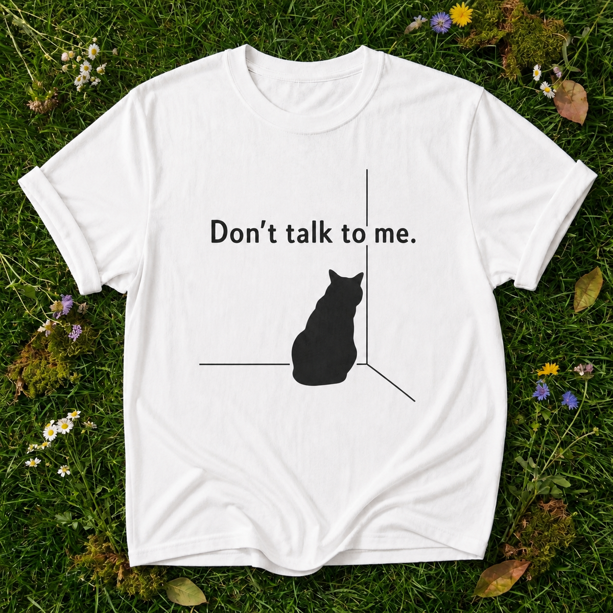 Don't Talk To Me Cat T-Shirt in White on grass