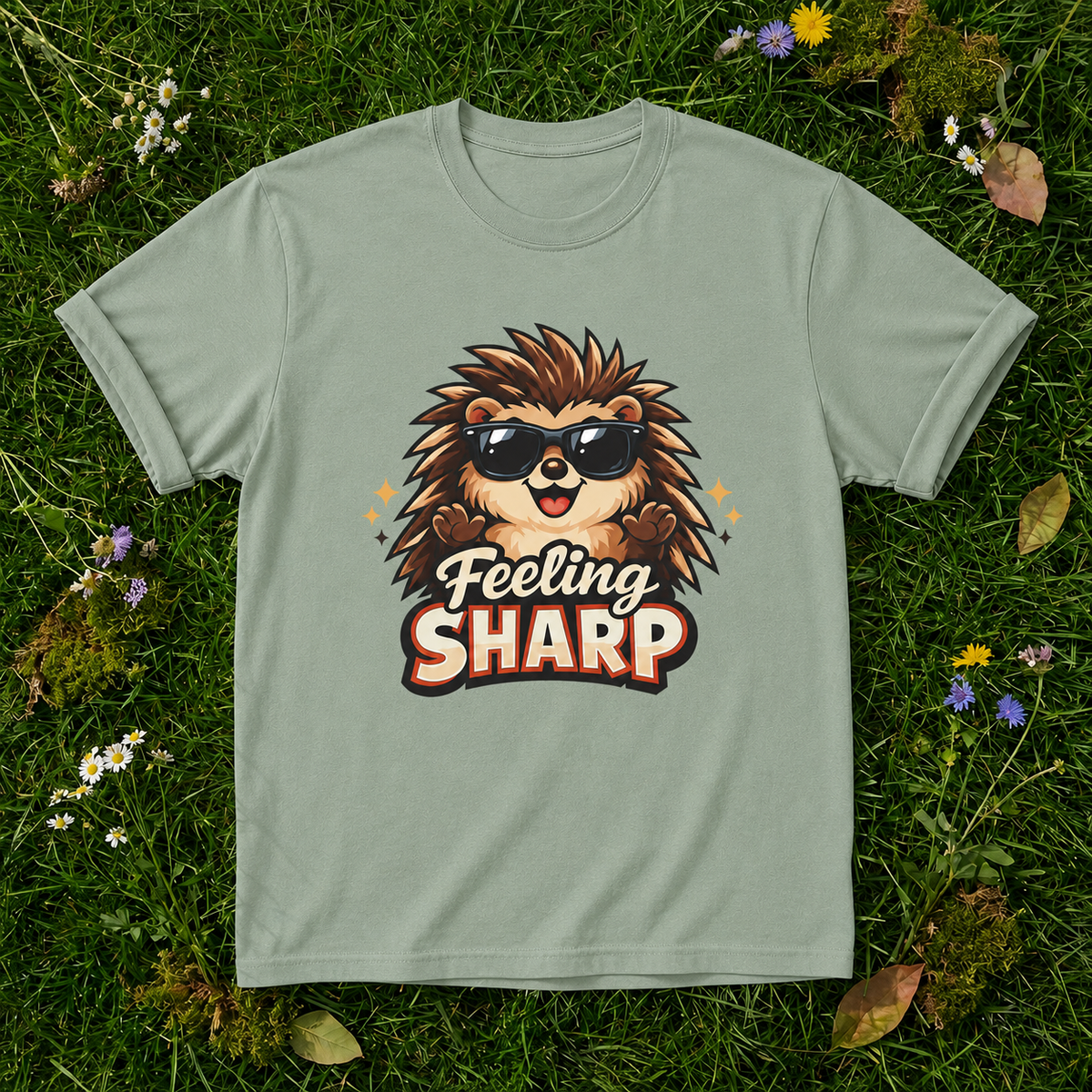 Feeling Sharp Hedgehog T-Shirt — Cute Sunglasses Animal Tee in Bay on grass
