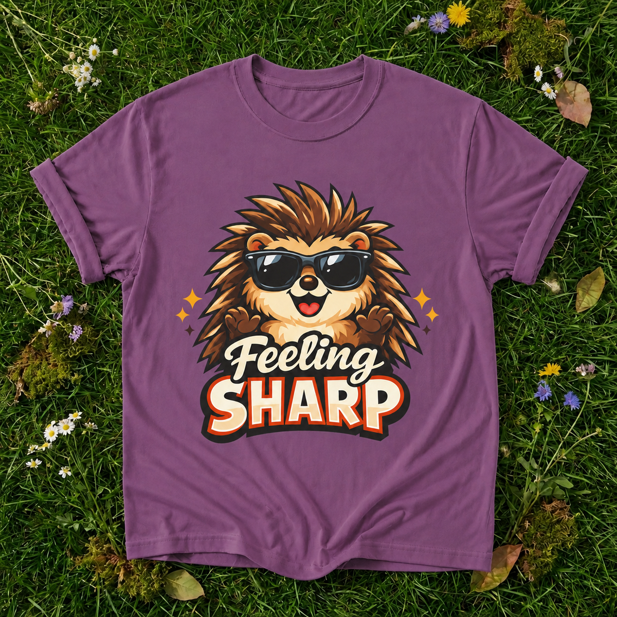 Feeling Sharp Hedgehog T-Shirt — Cute Sunglasses Animal Tee in Berry on grass