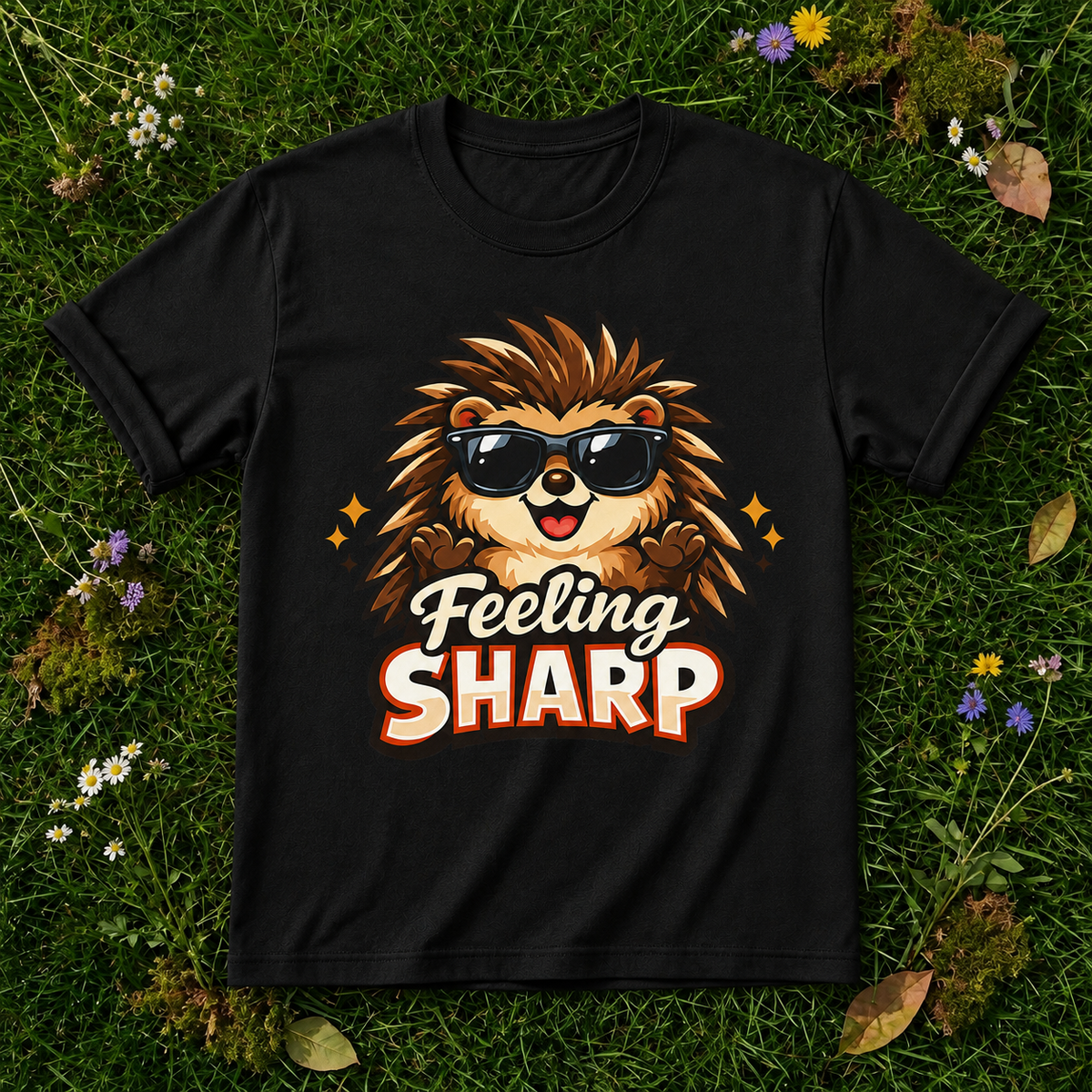 Feeling Sharp Hedgehog T-Shirt — Cute Sunglasses Animal Tee in Black on grass