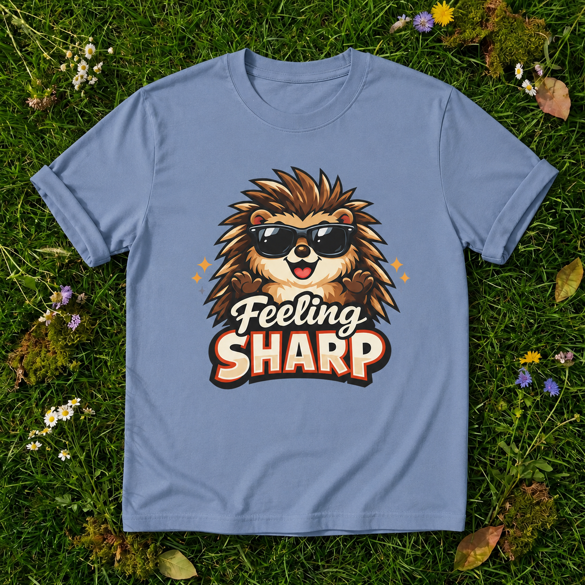 Feeling Sharp Hedgehog T-Shirt — Cute Sunglasses Animal Tee in Blue Jean on grass