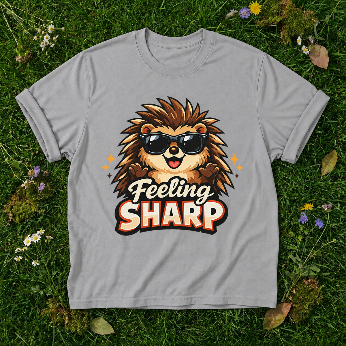 Feeling Sharp Hedgehog T-Shirt — Cute Sunglasses Animal Tee in Grey on grass
