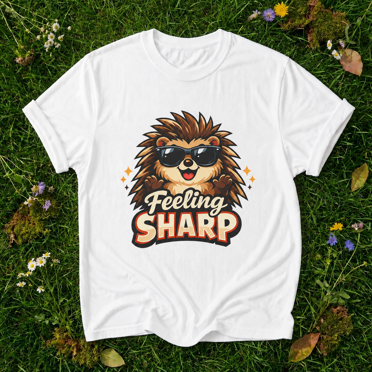 Feeling Sharp Hedgehog T-Shirt — Cute Sunglasses Animal Tee in White on grass