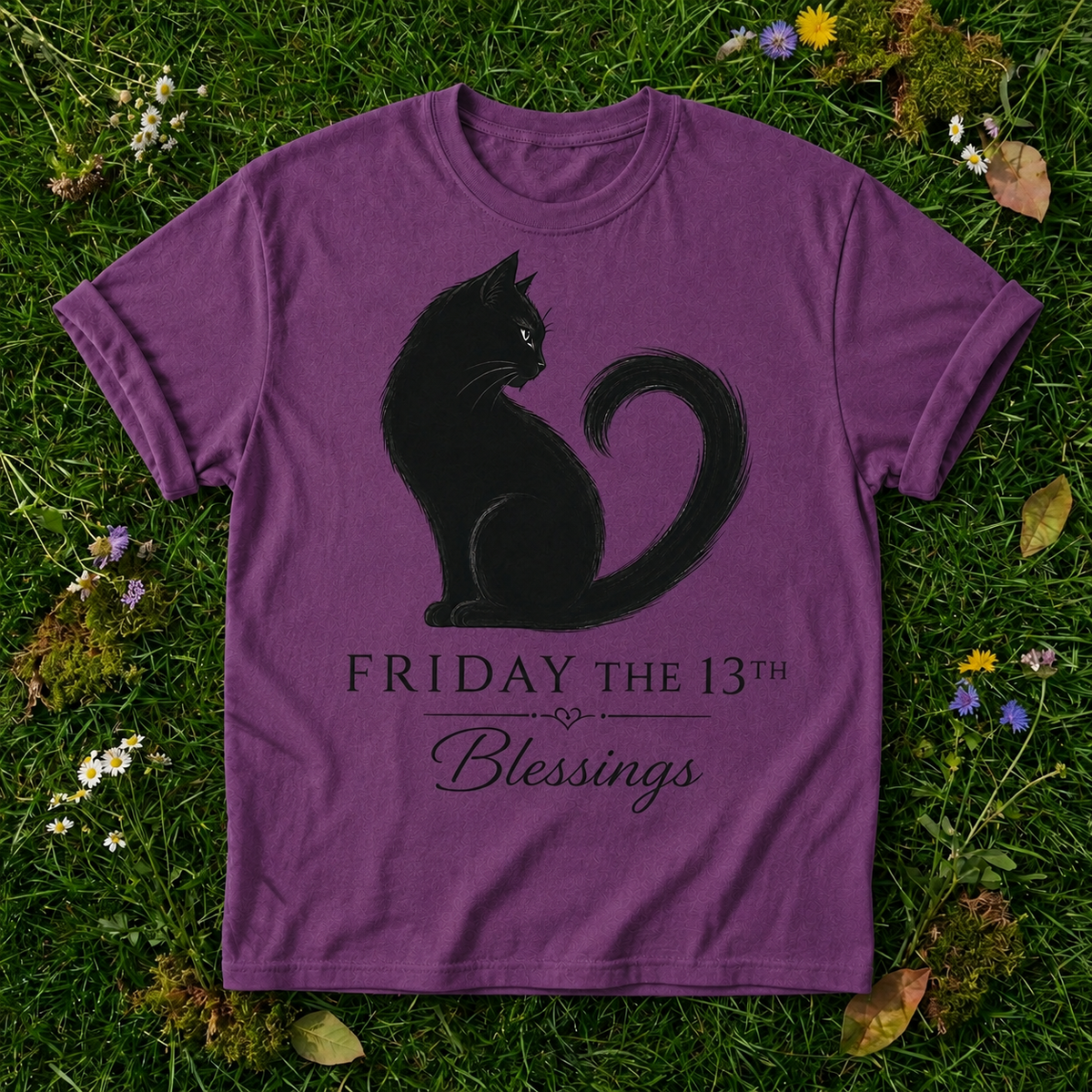 Friday the 13th Blessings Cat T-Shirt in Berry on grass