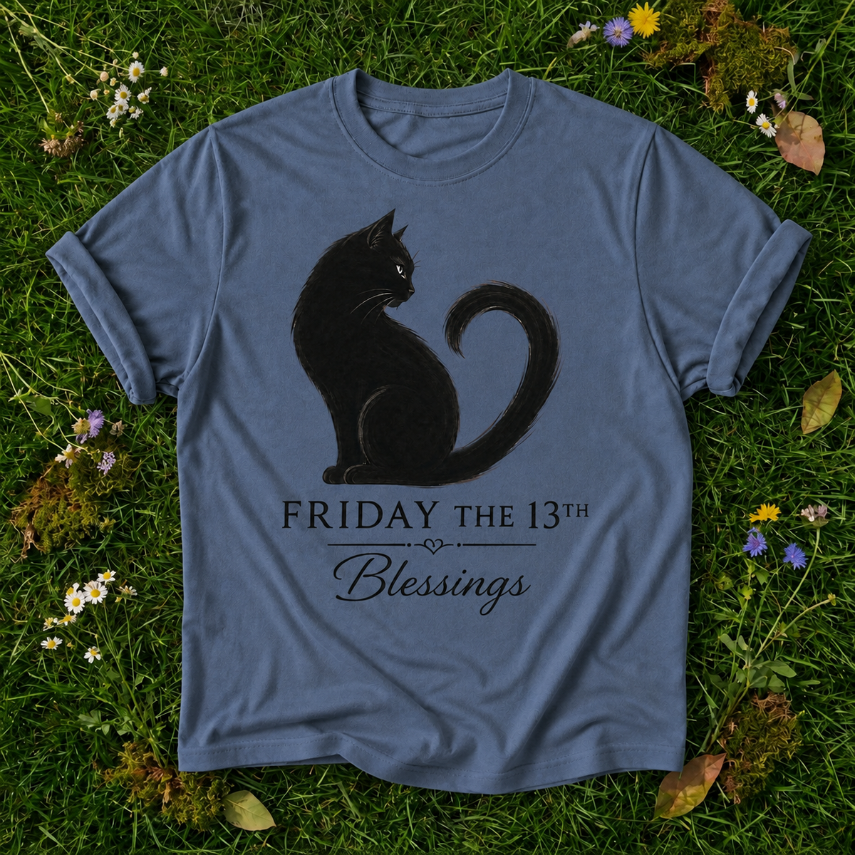 Friday the 13th Blessings Cat T-Shirt in Blue Jean on grass