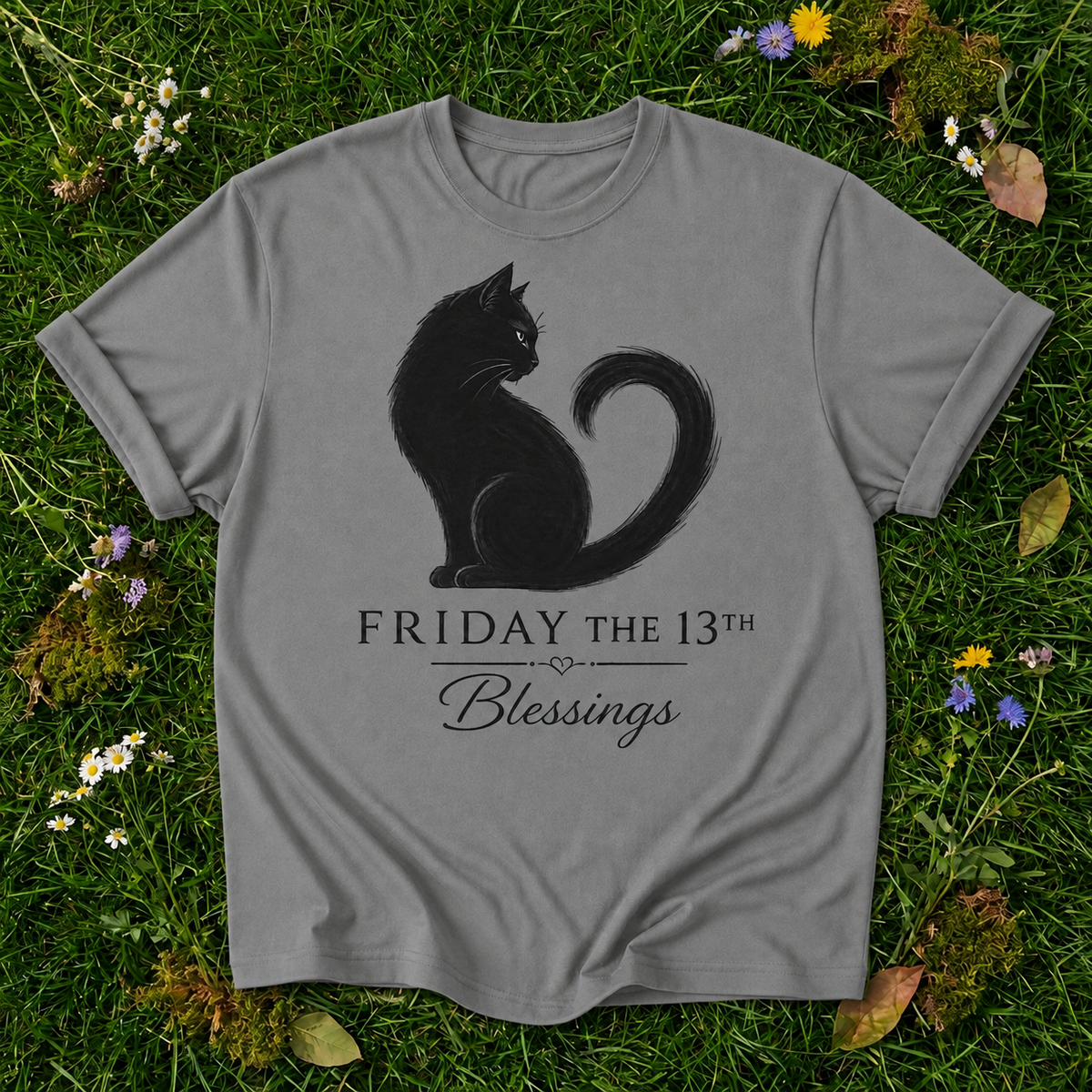Friday the 13th Blessings Cat T-Shirt in Grey on grass