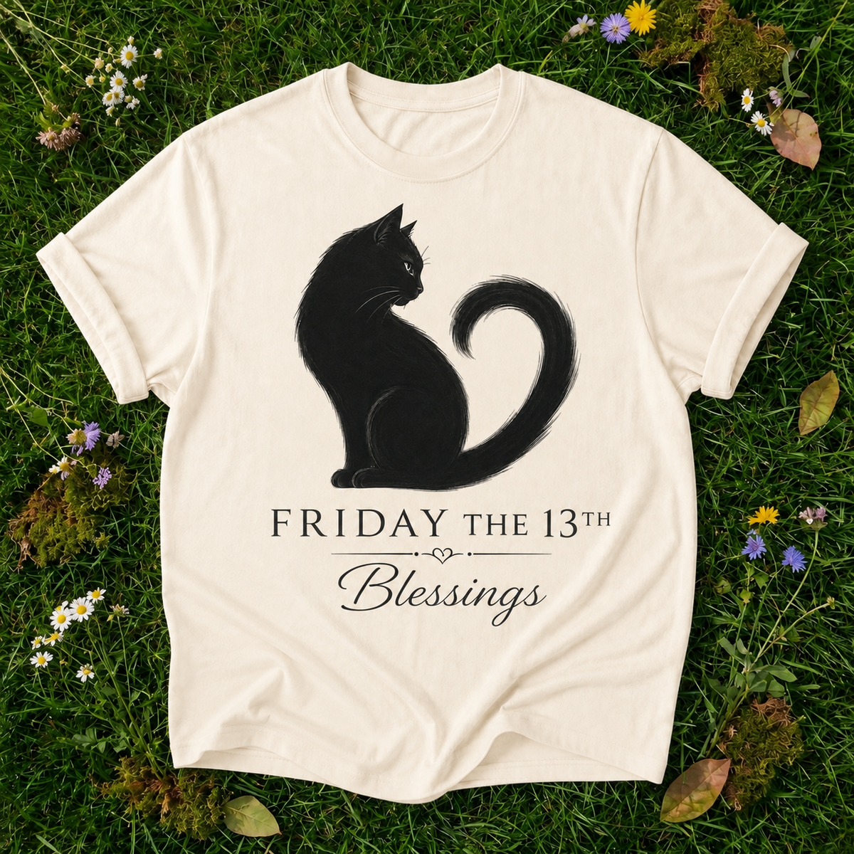 Friday the 13th Blessings Cat T-Shirt in Ivory on grass