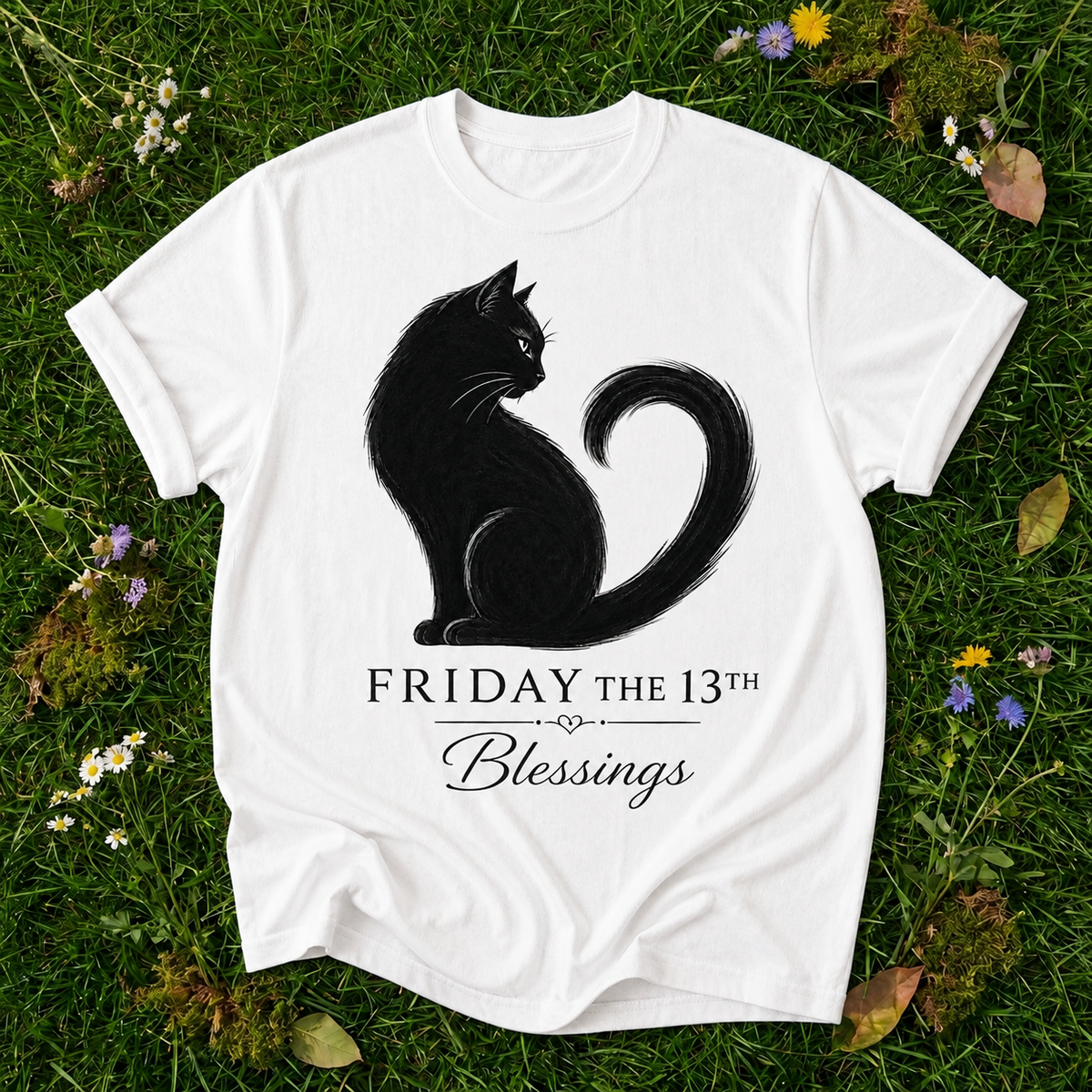 Friday the 13th Blessings Cat T-Shirt in White on grass