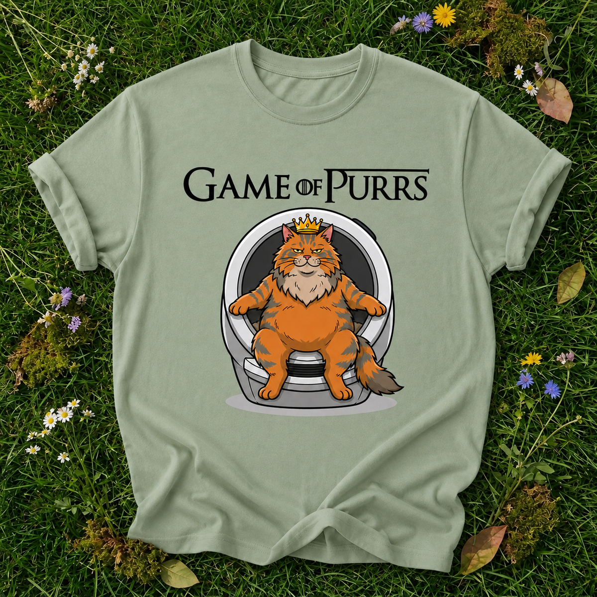 Game of Purrs bay T-shirt on grass