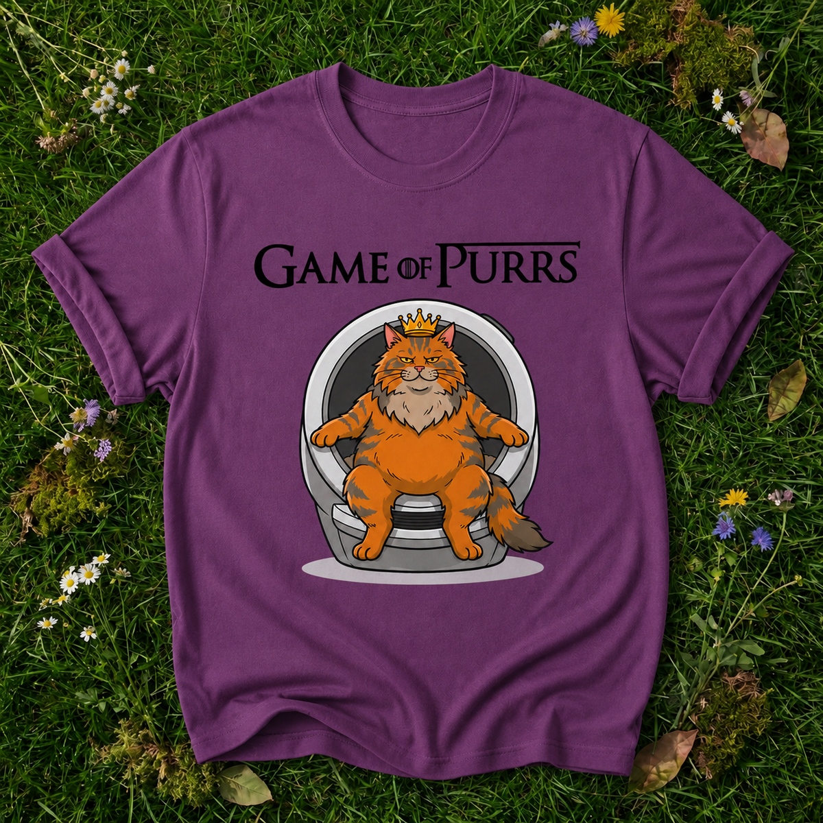 Game of Purrs berry T-shirt on grass