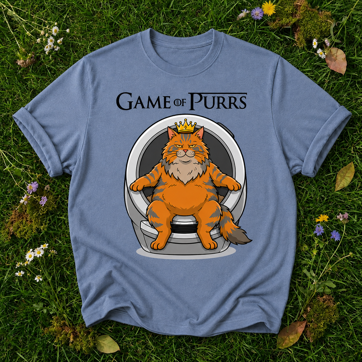 Game of Purrs blue jean T-shirt on grass