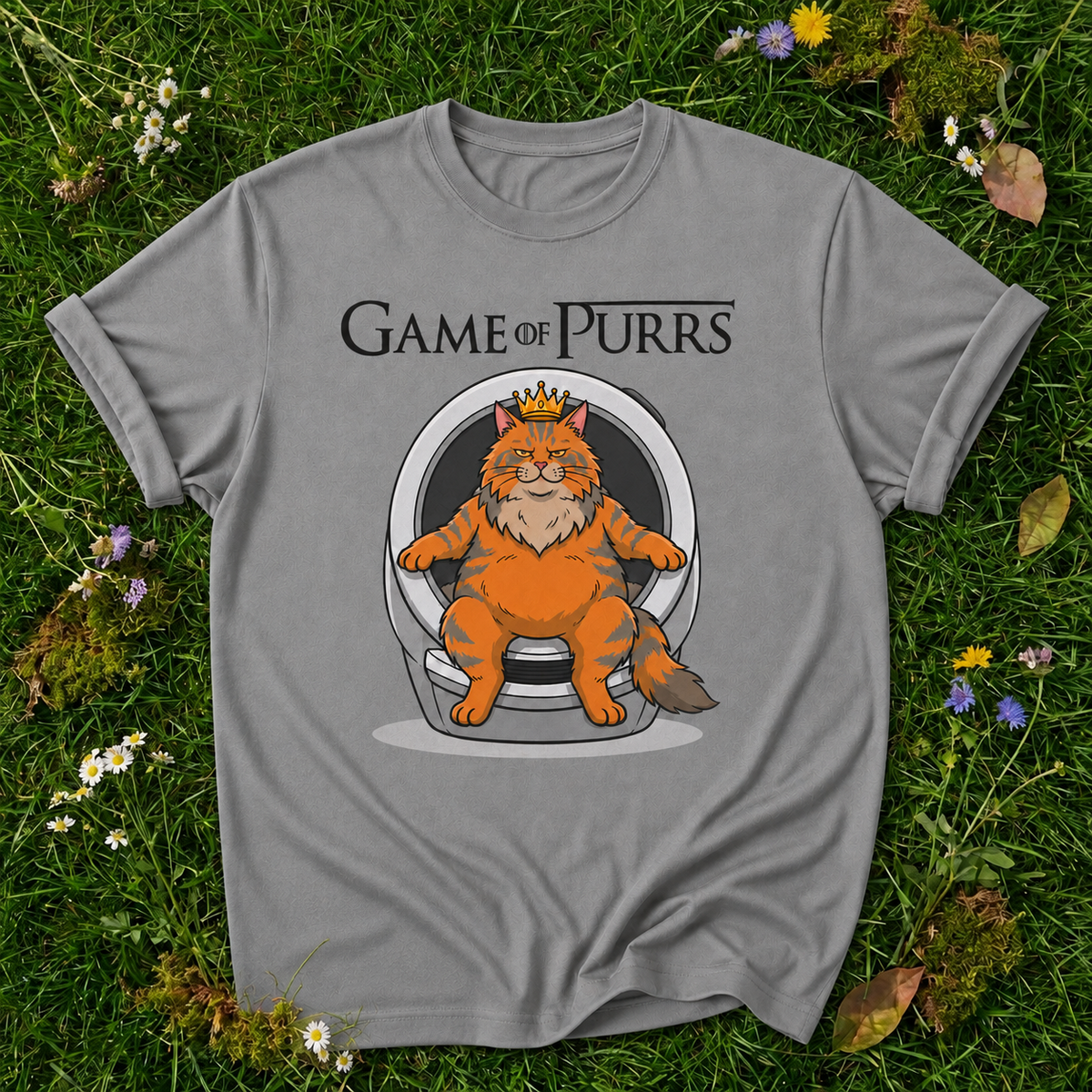 Game of Purrs grey T-shirt on grass