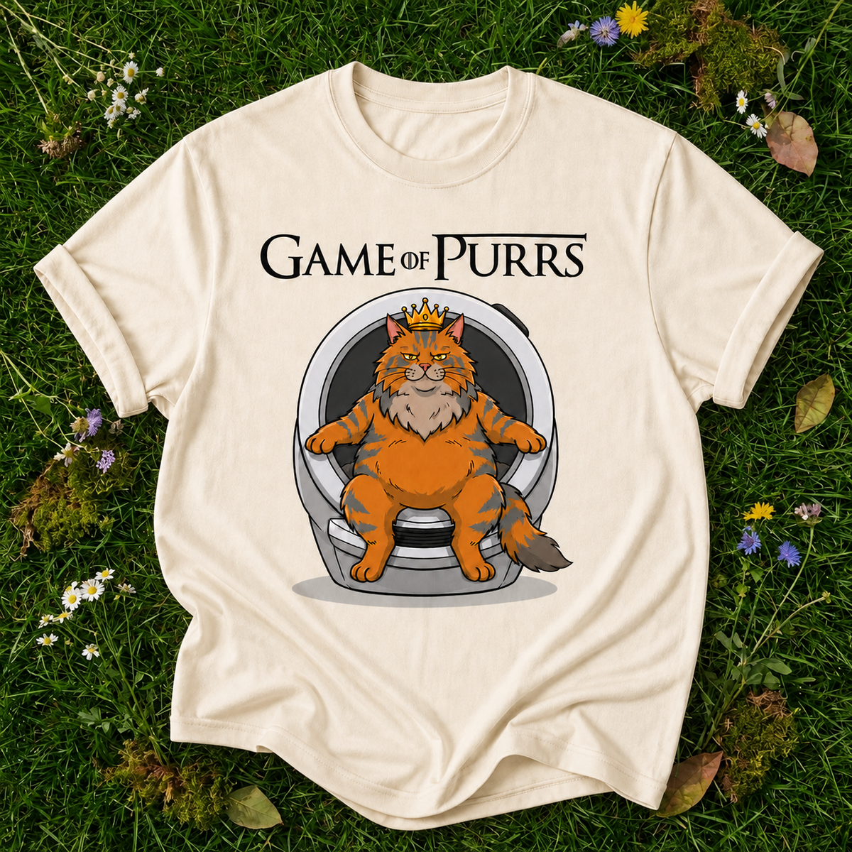 Game of Purrs ivory T-shirt on grass