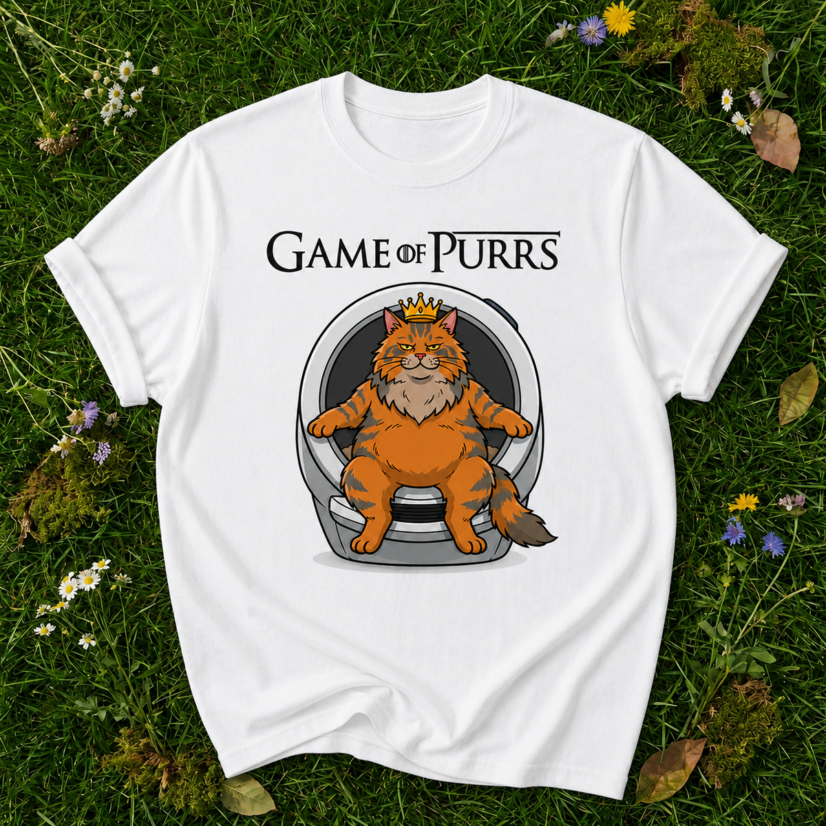 Game of Purrs white T-shirt on grass