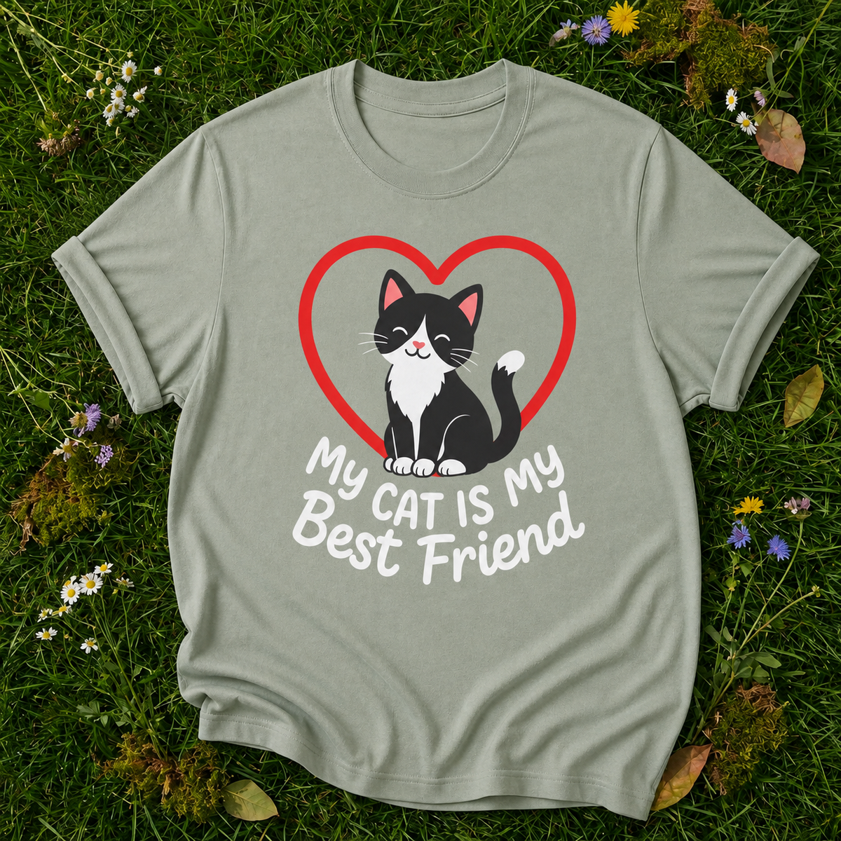 My Cat Is My Best Friend T-shirt in Bay on botanical grass with original garment fold
