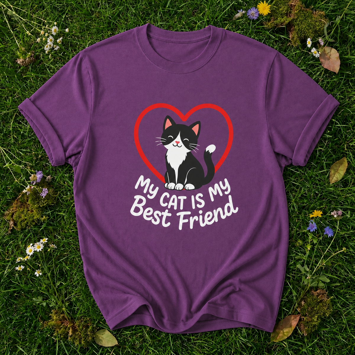 My Cat Is My Best Friend T-shirt in Berry on botanical grass with original garment fold