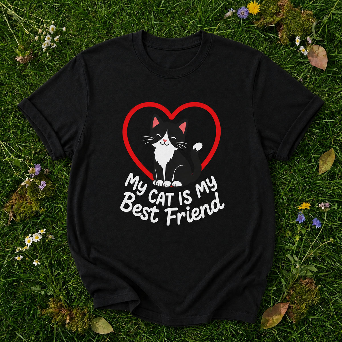 My Cat Is My Best Friend T-shirt in Black on botanical grass with original garment fold