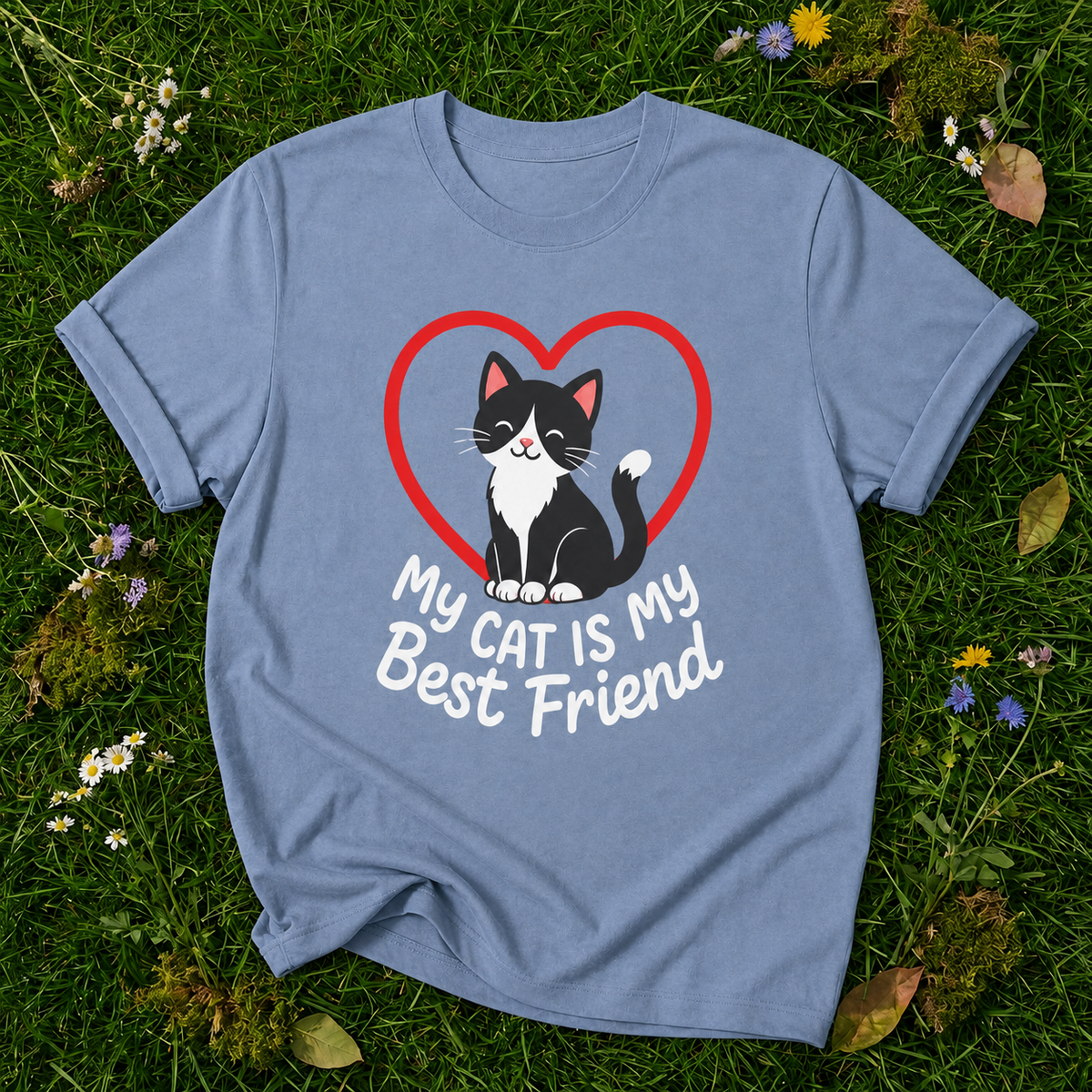 My Cat Is My Best Friend T-shirt in Blue Jean on botanical grass with original garment fold