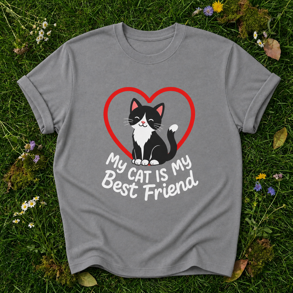 My Cat Is My Best Friend T-shirt in Grey on botanical grass with original garment fold