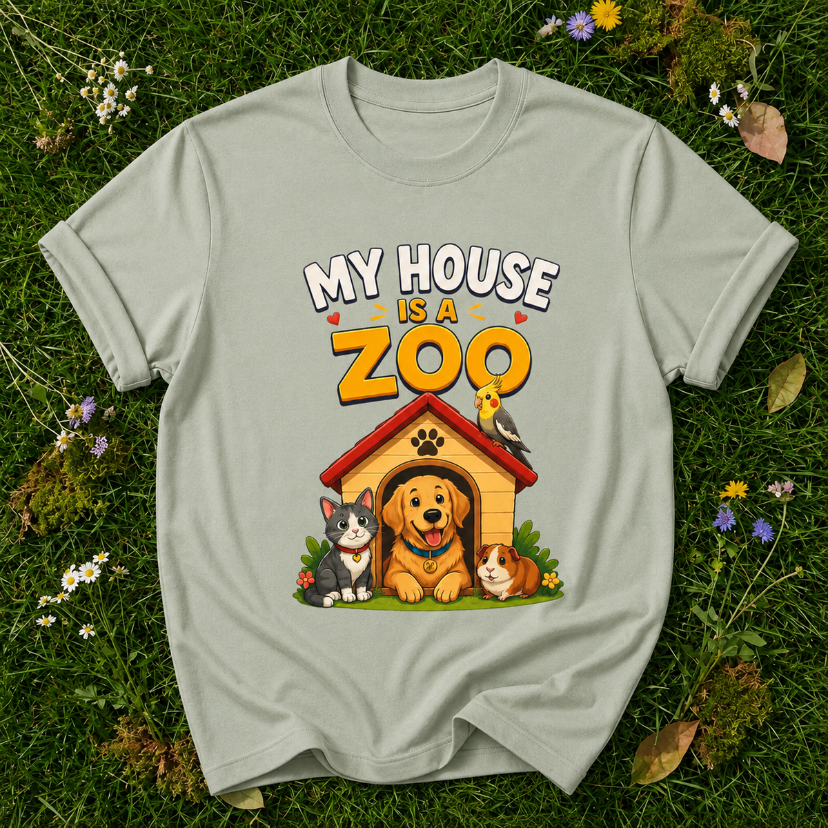 My House Is a Zoo T-shirt in Bay on botanical grass with original garment fold