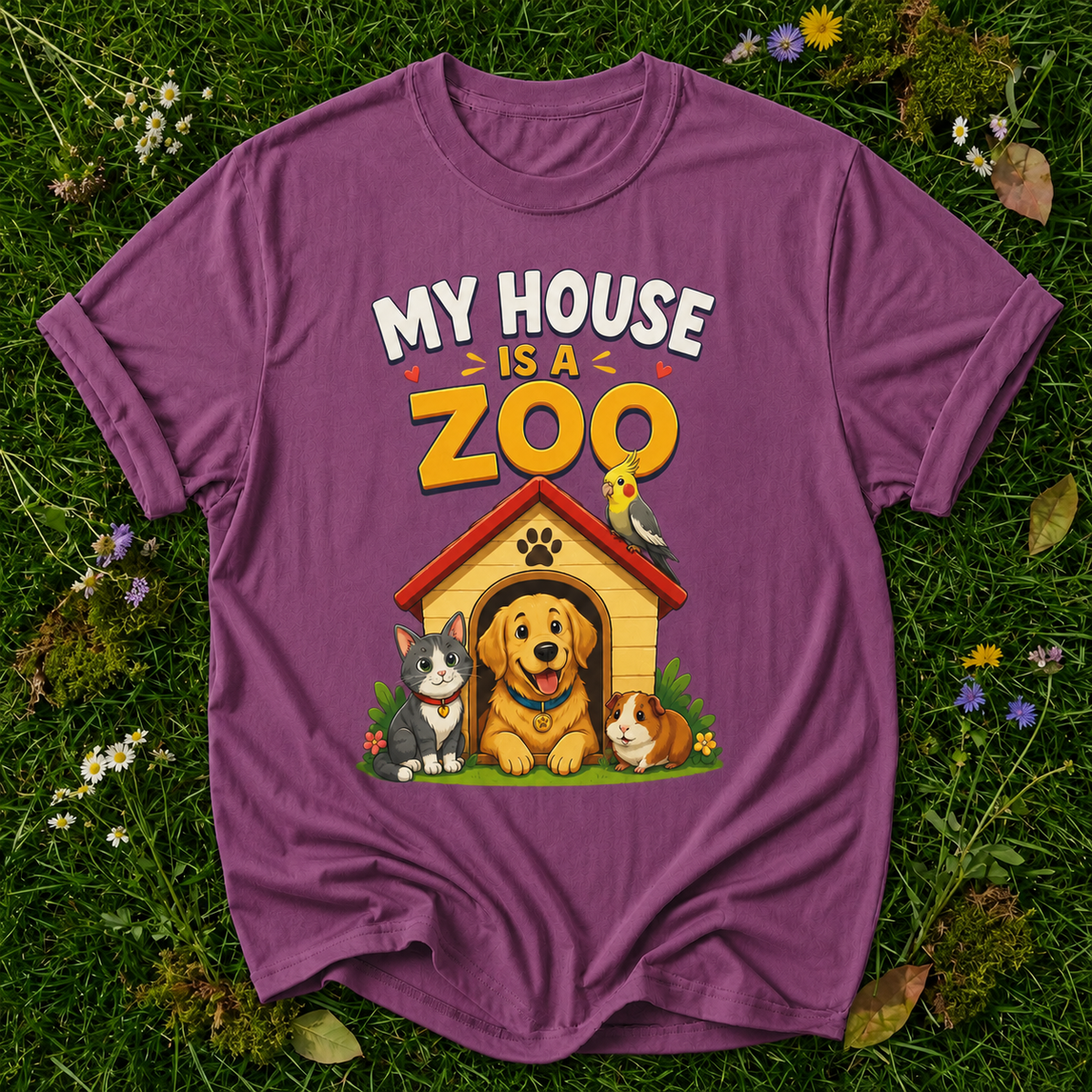 My House Is a Zoo T-shirt in Berry on botanical grass with original garment fold