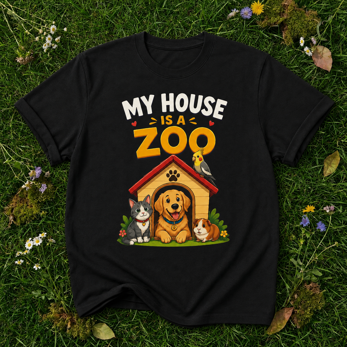 My House Is a Zoo T-shirt in Black on botanical grass with original garment fold