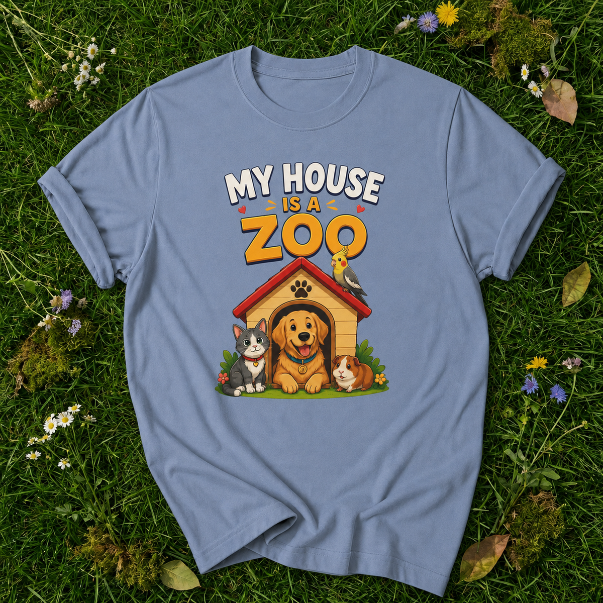 My House Is a Zoo T-shirt in Blue Jean on botanical grass with original garment fold