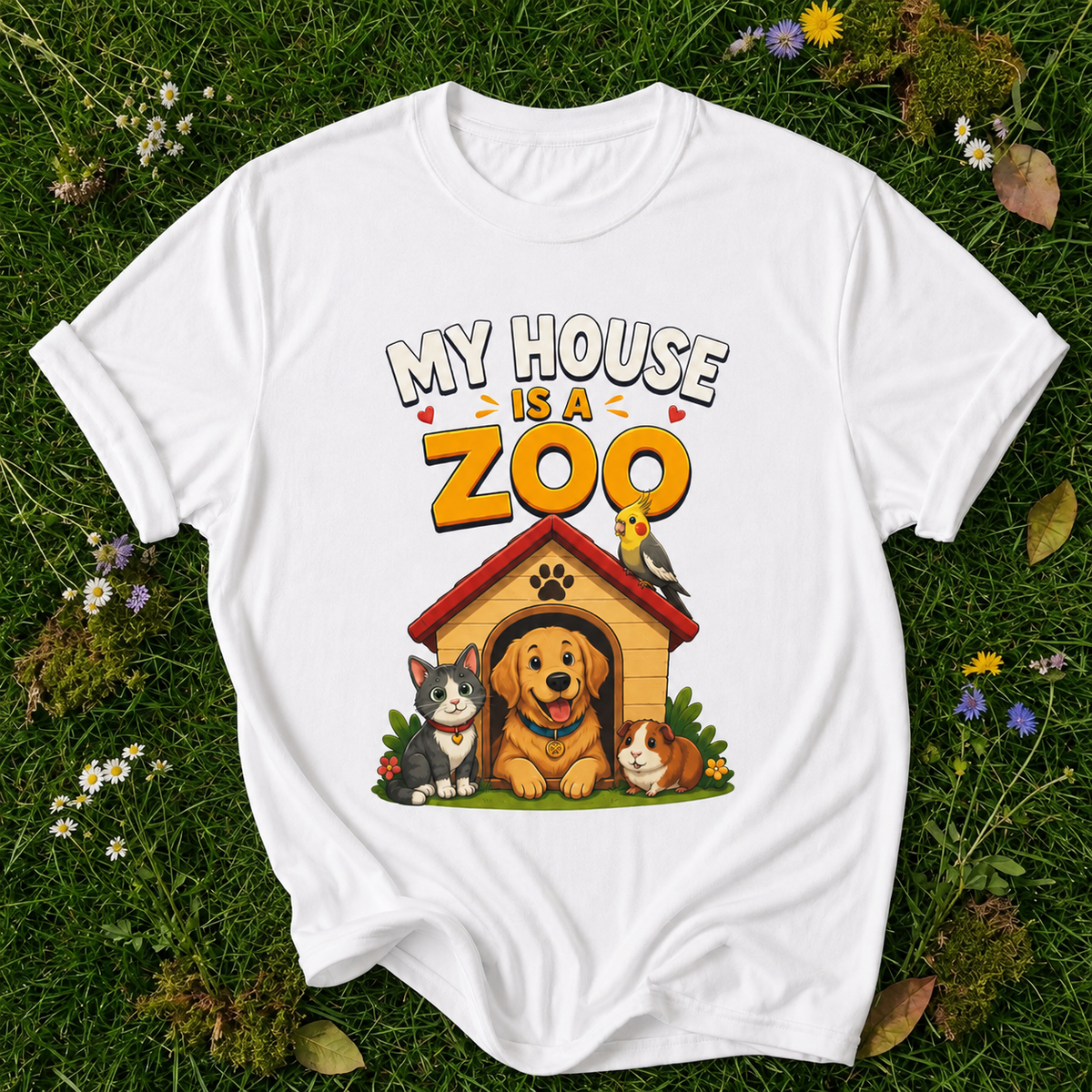 My House Is a Zoo T-shirt in White on botanical grass with original garment fold