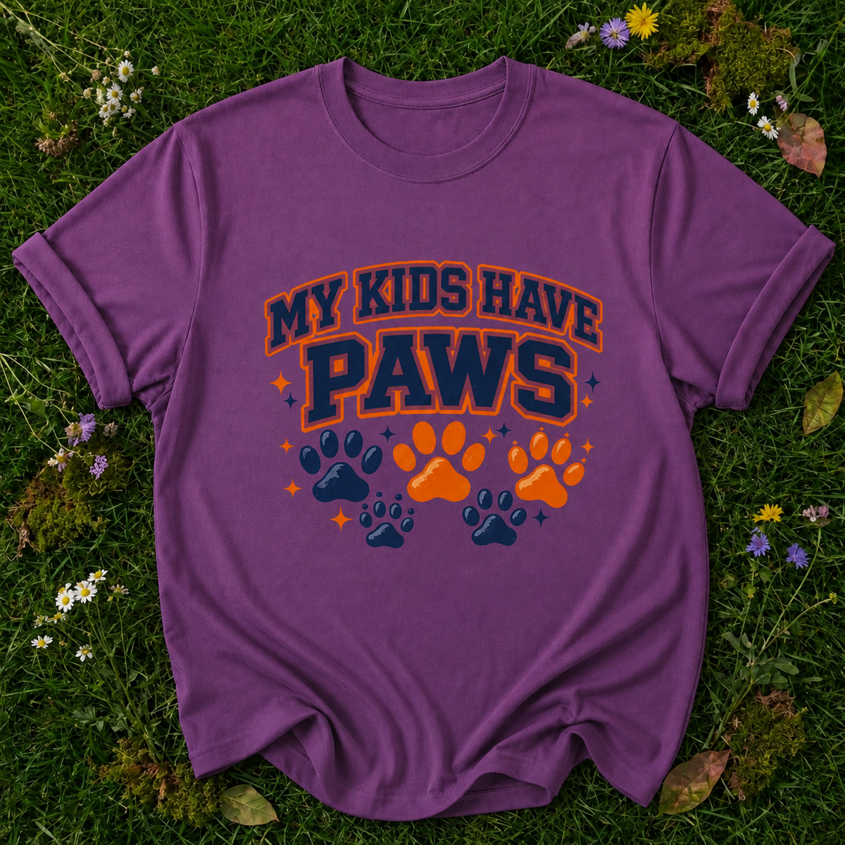 My Kids Have Paws berry T-shirt on grass