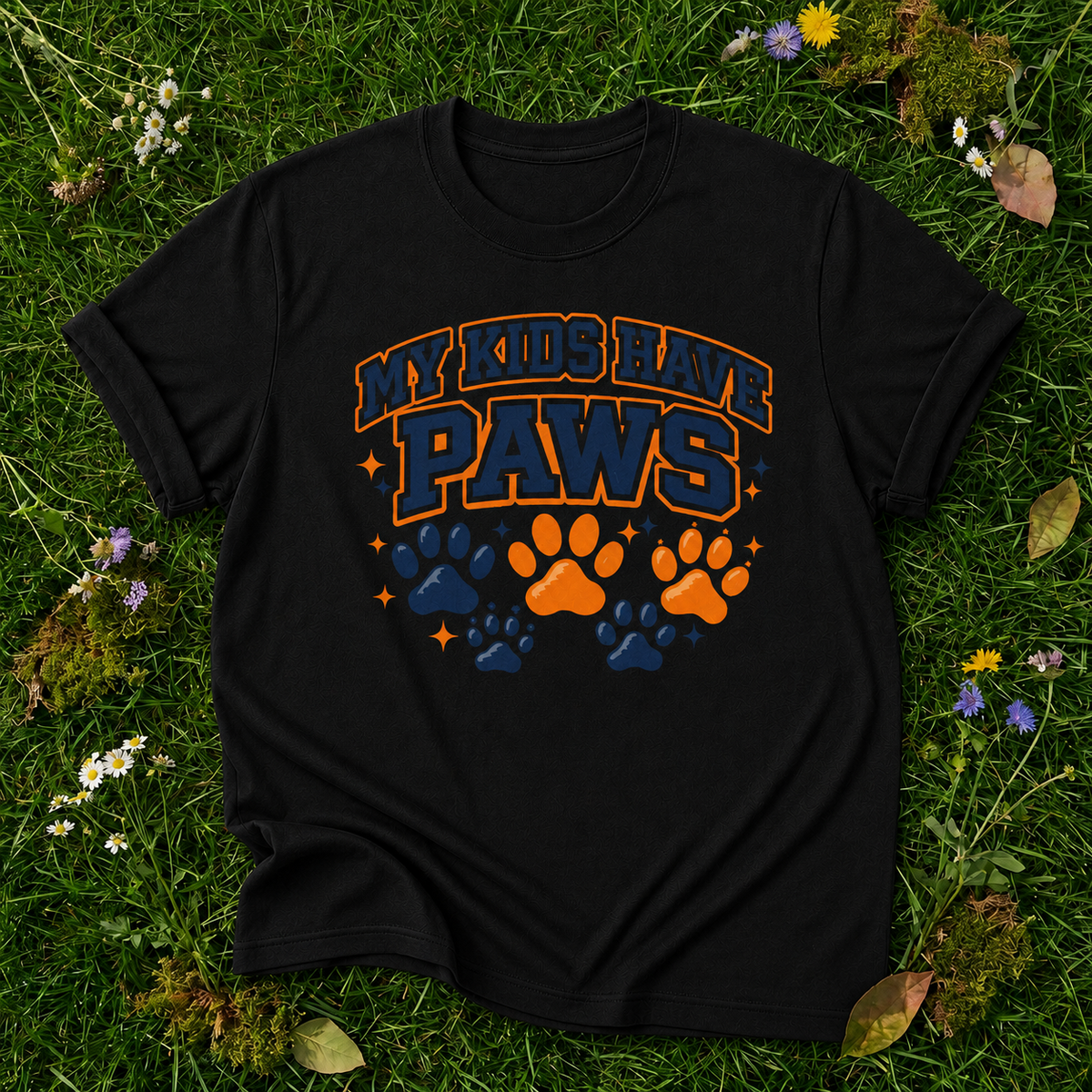 My Kids Have Paws black T-shirt on grass