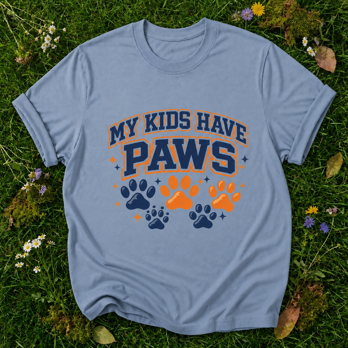 My Kids Have Paws blue jean T-shirt on grass