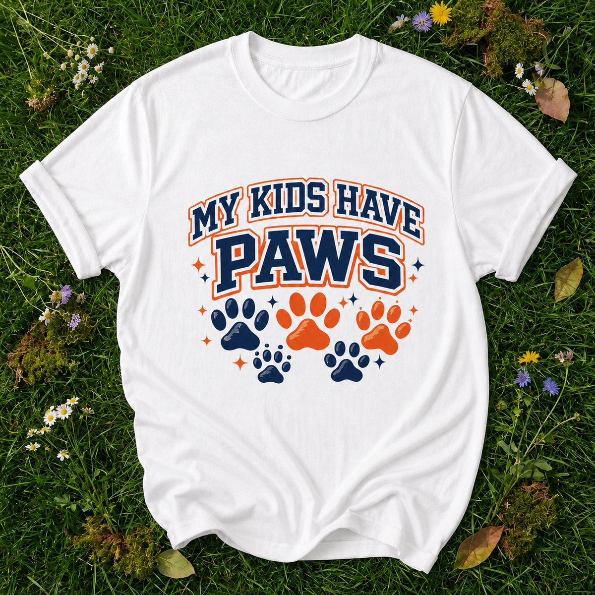My Kids Have Paws white T-shirt on grass