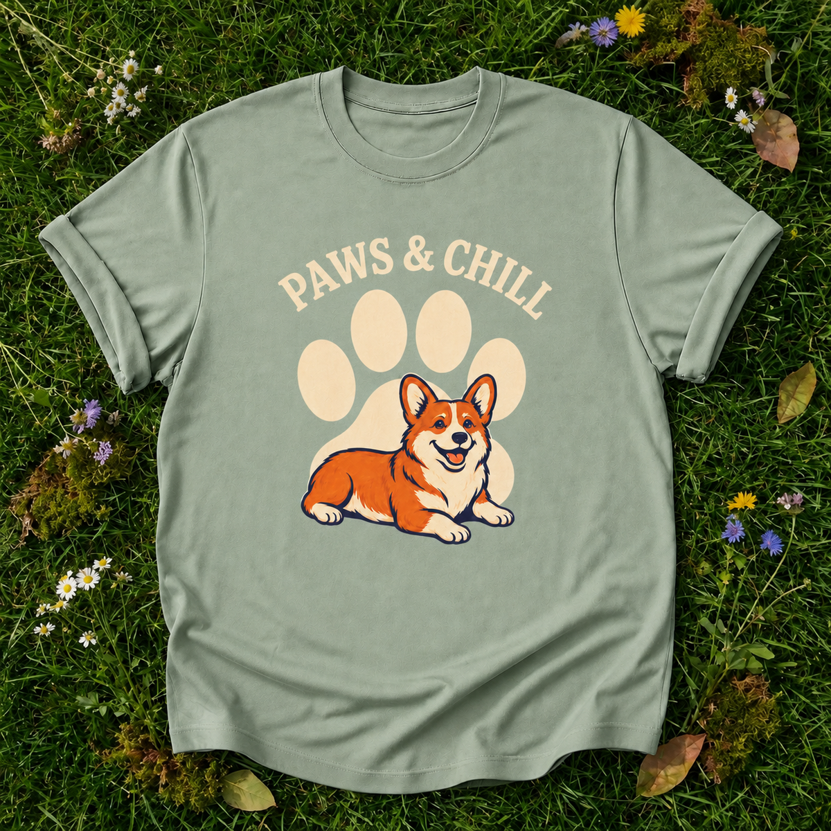 Paws & Chill Corgi T-Shirt in Bay on grass