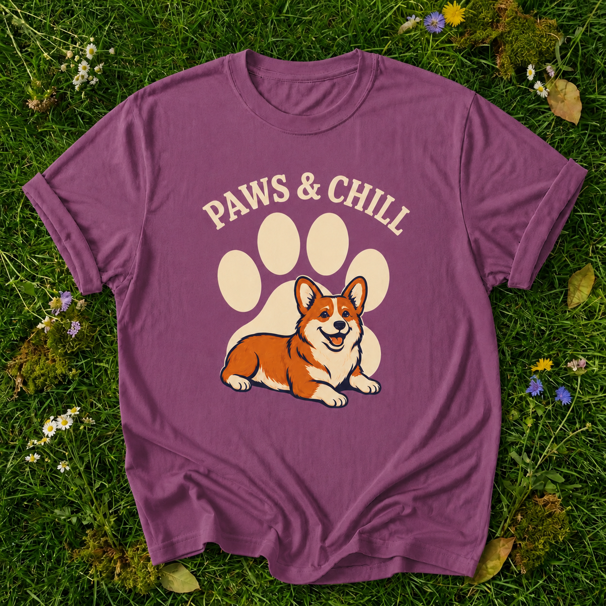 Paws & Chill Corgi T-Shirt in Berry on grass