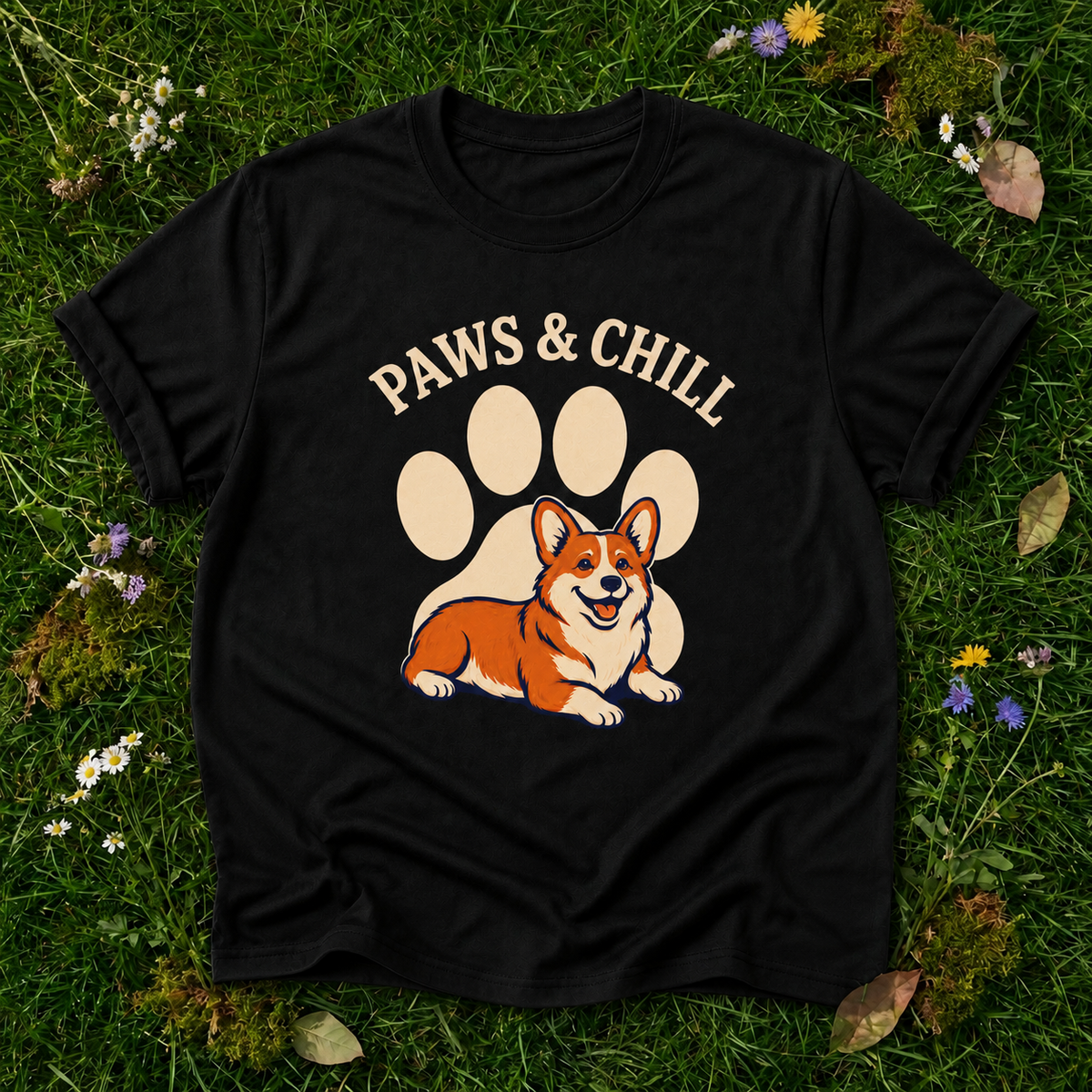 Paws & Chill Corgi T-Shirt in Black on grass