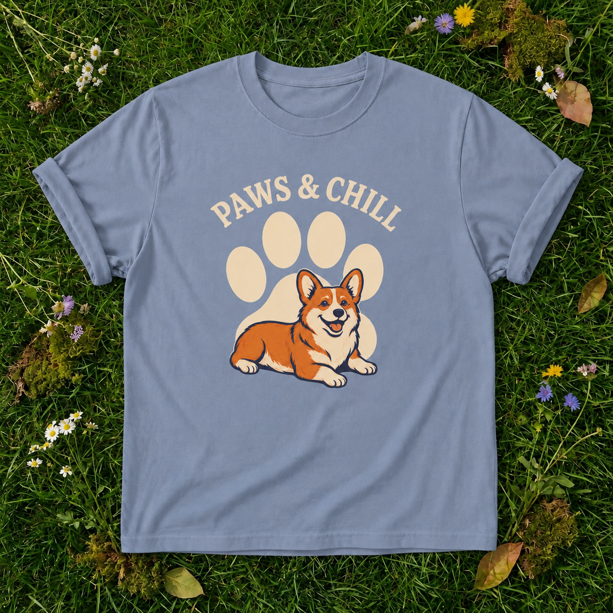 Paws & Chill Corgi T-Shirt in Blue Jean on grass