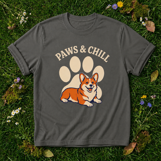 Paws & Chill Corgi T-Shirt in Pepper on grass